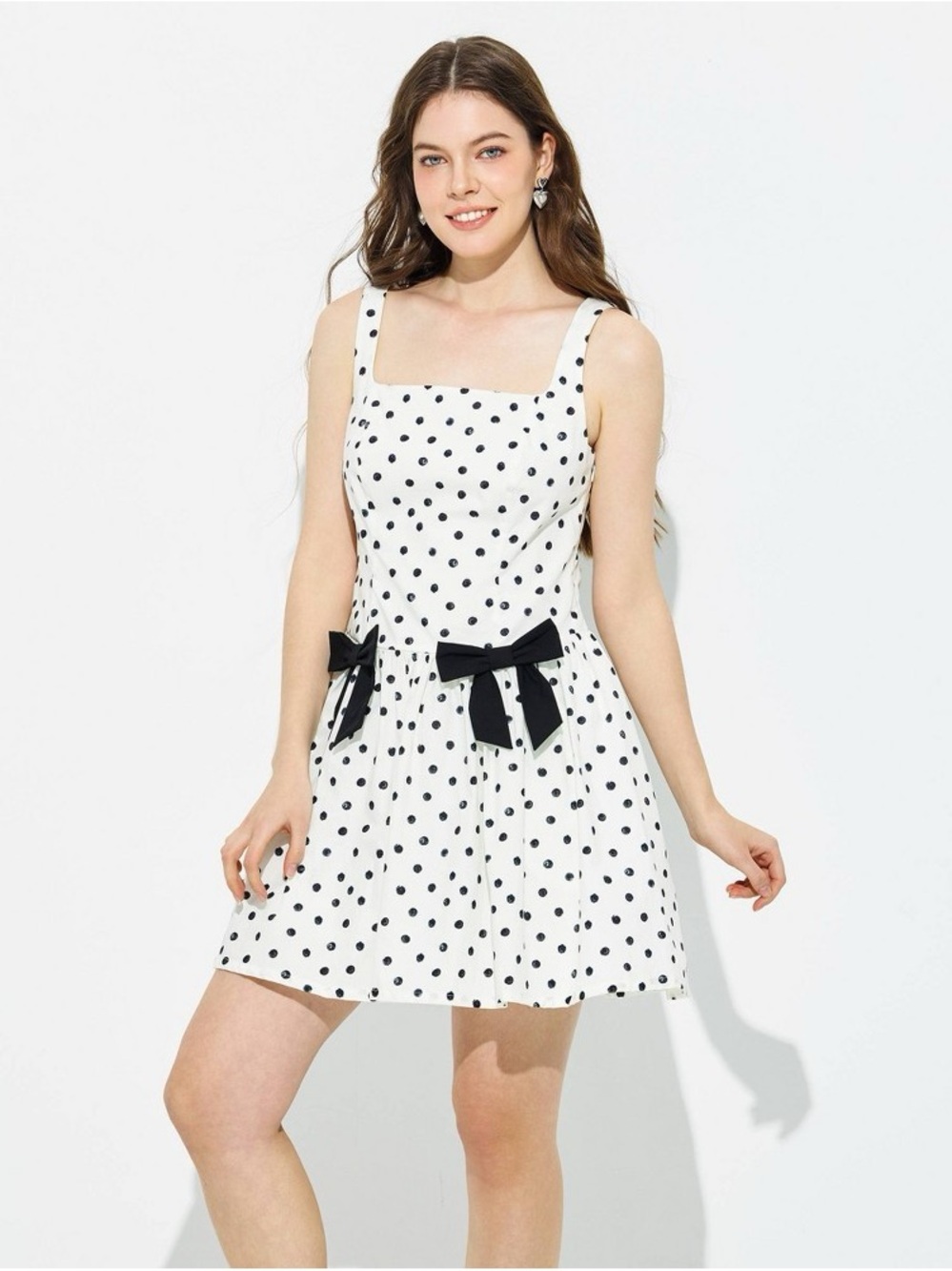 wild fable White Polka Dot Mini Dress with Black Bow Details b141se